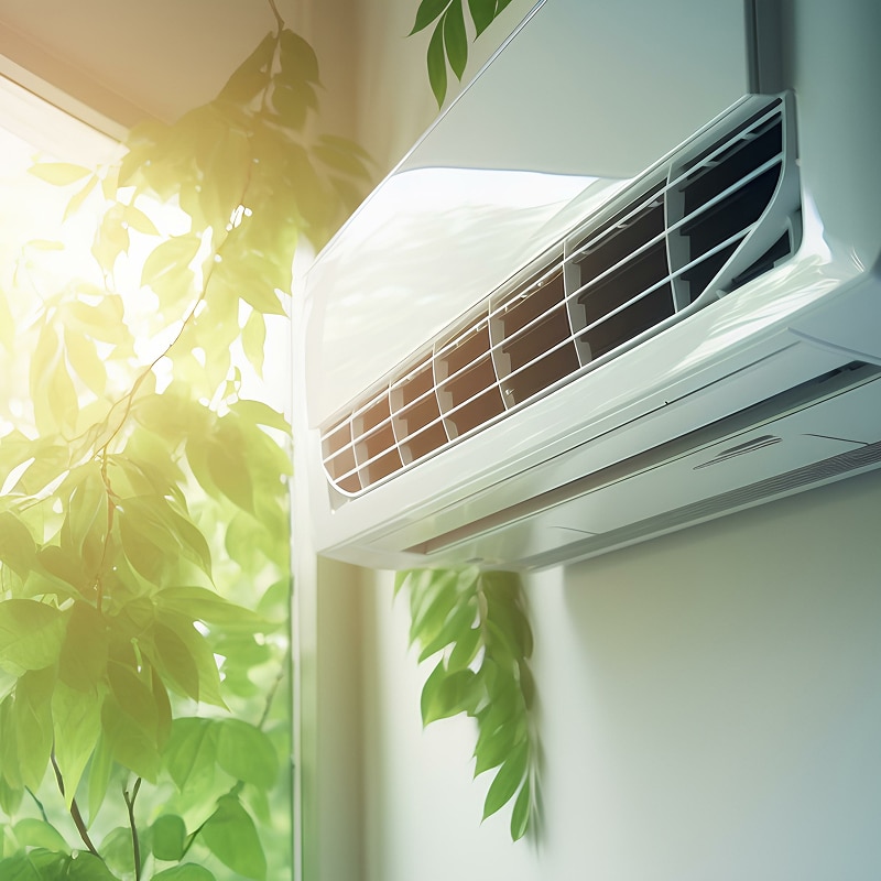 Climatiseur efficace : Fraîcheur et lumière naturelle Climatiseur mural blanc sous un soleil éclatant, avec des feuilles vertes luxuriantes filtrant la lumière près de la fenêtre.
