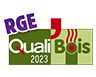 Qualification RGE QualiBois 2023 : Chauffage Bois Logo RGE QualiBois 2023 indiquant une qualification pour les professionnels du bois énergie et chauffage au bois.