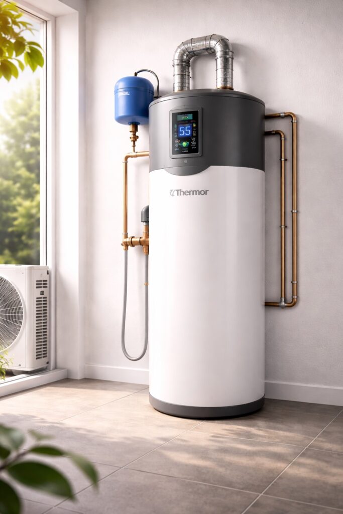 Chauffe-eau Thermor thermodynamique : installation et efficacité. Chauffe-eau thermodynamique Thermor moderne, affichant 55°C, installé dans une pièce lumineuse avec raccordements cuivre et pompe à chaleur extérieure.