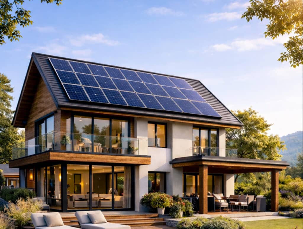 Panneaux solaires sur une maison moderne et écologique Superbe maison moderne bois et stuc. Son toit est équipé d'un grand ensemble de panneaux solaires. Vaste jardin et terrasse extérieure.